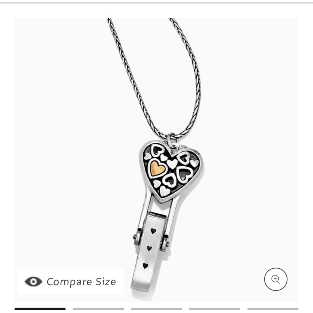 Brighton Silver floating heart badge clip necklace.